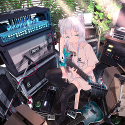 1girl absurdres amplifier animal_ear_fluff animal_ears aqua_eyes black_thighhighs can collarbone computer day effects_pedal full_body guitar hair_between_eyes hair_over_shoulder highres hoji_(hooooooooji1029) indoors instrument laptop long_hair microphone music no_shoes notebook on_chair original oversized_clothes oversized_shirt parted_lips plant playing_instrument potted_plant scenery shirt short_sleeves silver_hair sitting solo speaker thighhighs white_shirt window window_blinds window_shutter