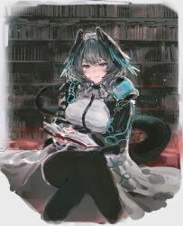 Rule 34 | 1girl, aqua eyes, arknights, between breasts, black pantyhose, book, breasts, closed mouth, coat, crossed legs, dress, feathered wings, grey hair, hair between eyes, head wings, highres, ho&#039;olheyak (arknights), holding, holding book, indoors, infection monitor (arknights), library, long sleeves, looking at viewer, medium hair, open clothes, open coat, pantyhose, sitting, sketch, smile, snake tail, solo, strap between breasts, tail, white dress, wings, zchuan992