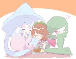 Rule 34 | 1girl, blush, bob cut, brown eyes, brown hair, cardigan, closed mouth, dress, eating, fork, gardevoir, gen 3 pokemon, gen 8 pokemon, gloria (pokemon), green hat, grey cardigan, han0579, hat, hatterene, highres, holding, holding fork, holding napkin, hood, hooded cardigan, long sleeves, looking at viewer, napkin, nintendo, one eye closed, open mouth, pink dress, pokemon, pokemon (creature), pokemon swsh, short hair, smile, tam o&#039; shanter