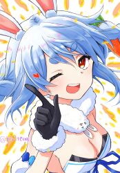 Rule 34 | 1girl, ;d, animal ear fluff, animal ears, black gloves, black leotard, blue hair, blue ribbon, braid, brown eyes, carrot hair ornament, commentary request, detached sleeves, don-chan (usada pekora), dress, food-themed hair ornament, fur-trimmed gloves, fur trim, gloves, hair between eyes, hair ornament, hand up, heart, highres, hololive, index finger raised, kiritoma, leotard, long hair, looking at viewer, one eye closed, open mouth, puffy short sleeves, puffy sleeves, rabbit-shaped pupils, rabbit ears, ribbon, short eyebrows, short sleeves, sidelocks, smile, solo, strapless, strapless dress, strapless leotard, symbol-shaped pupils, thick eyebrows, twin braids, twintails, twitter username, upper body, usada pekora, usada pekora (1st costume), virtual youtuber, white background, white dress, white sleeves