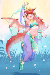 1girl arabian_clothes armlet armpits bare_shoulders blush bracelet breasts careena_(visions_of_mana) circlet dancer dongchuan dragon_tail dragon_wings earrings harem_outfit harem_pants head_chain highres horns jewelry long_hair looking_at_viewer midriff multicolored_clothes navel open_mouth pants pointy_footwear red_hair red_nails see-through_clothes see-through_legwear seiken_densetsu small_breasts smile solo tail veil visions_of_mana wings yellow_eyes