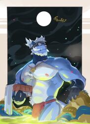 1boy abs artist_name bara beard bucket cilohnoino commentary_request facial_hair fang fang_out full_moon furry furry_male gen_5_pokemon headband jewelry loincloth male_focus moon muscular muscular_male necklace night night_sky nintendo nipples original pectorals pokemon pokemon_(creature) samurott shell shell_necklace sky tail topless_male towel wooden_bucket