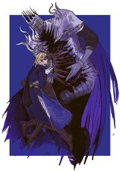 Rule 34 | 1girl, 2boys, armor, black cape, blindfold, blonde hair, blue jacket, blue surcoat, boots, bracelet, braid, brother and sister, brown boots, brown gloves, cape, chocytd, coattails, colored skin, crown braid, duchess (elden ring), elden ring, elden ring nightreign, eye mask, floating, from side, full armor, gauntlets, gloves, grey skin, hair bun, height difference, helmet, heolstor the nightlord, highres, hug, jacket, jewelry, multiple boys, pants, parted lips, purple cape, scale armor, siblings, simple background, spiked helmet, torn cape, torn clothes, white pants, winged helmet, wylder (elden ring)