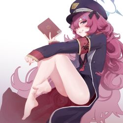 1girl armband ass black_coat black_shirt black_skirt blue_archive blue_eyes blush book breasts cap cleavage coat feet floating full_body gradient_background grey_background hair_over_one_eye halo hat holding holding_book iroha_(blue_archive) legs loli long_coat long_hair long_sleeves looking_at_viewer military_hat miniskirt open_clothes open_shirt oversized_clothes peaked_cap petite pin red_hair red_tie ribbon rounan58287 shiny_skin shirt simple_background skirt small_breasts smile soles solo thighs tie toes unbuttoned unbuttoned_shirt upskirt very_long_hair wavy_hair white_background