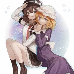 2girls black_hat black_skirt black_socks blonde_hair bow brown_eyes brown_hair brown_shoes closed_mouth collared_shirt commentary dress frilled_skirt frills hat hat_bow inuko_(ink0425) loafers long_sleeves looking_at_viewer maribel_hearn medium_hair mob_cap multiple_girls necktie open_mouth purple_dress purple_eyes red_necktie shirt shoes skirt smile socks star_(symbol) touhou usami_renko white_bow white_shirt