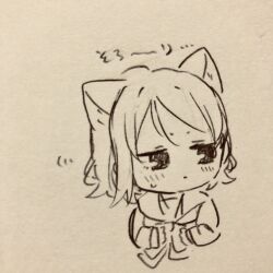 1girl animal_ear_fluff animal_ears blush bow bowtie cat_ears cat_girl chibi closed_mouth commentary greyscale highres kashikaze kemonomimi_mode love_live! love_live!_sunshine!! monochrome school_uniform serafuku short_hair solo sweatdrop traditional_media translation_request upper_body watanabe_you