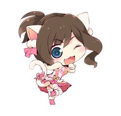 1girl animal_ears aqua_eyes bare_arms bare_shoulders blue_eyes boots bow breasts brown_hair cat_ears cat_girl cat_tail chibi clenched_hand commentary_request cross-laced_clothes cross-laced_top fang frilled_skirt frills fur-trimmed_boots fur_trim gradient_eyes hair_ornament hair_ribbon hand_on_own_tail happy high_heel_boots high_heels idol idolmaster idolmaster_cinderella_girls kemonomimi_mode leg_up light_blush looking_at_viewer looking_back lowres maekawa_miku miniskirt multicolored_eyes one_eye_closed open_mouth paw_pose pink_boots pink_bow pink_ribbon pink_shirt pink_skirt pink_thighhighs plaid_bow plaid_clothes plaid_skirt plaid_thighhighs pom_pom_(clothes) pom_pom_hair_ornament ponytail ribbon shirt short_hair short_ponytail simple_background skirt skirt_set sleeveless sleeveless_shirt smile solo stiletto_heels swept_bangs tail tail_bow tail_ornament tareme thighhighs usoneko waist_bow wavy_hair white_background wristband yellow_bow