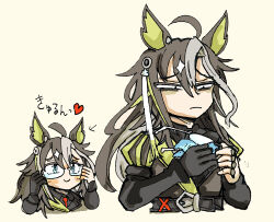 1girl ahoge animal_ears before_and_after belt blue-tinted_eyewear blue_eyes brown_hair cleaning_eyewear colored_inner_hair commentary_request dream_journey_(umamusume) ear_covers glasses gloves holding holding_removed_eyewear horse_ears horse_girl morisshii_(morishiey) multicolored_hair puffy_sleeves single_ear_cover single_glove single_hair_intake sound_effects sound_effects_only squinting tinted_eyewear translation_request umamusume unworn_eyewear upper_body white_hair
