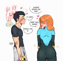 1boy 1girl alternate_costume artist_name ass asunyanjpg atom_eve back blood blush bruise from_behind heart highres huge_ass injury invincible_(series) mark_grayson nosebleed orange_hair sparkle speech_bubble tagme tight_clothes