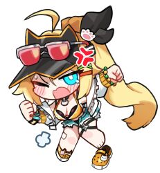 1girl aqua_eyes bare_shoulders bikini black_bikini black_survival blonde_hair bracelet breasts cleavage double_bikini eternal_return:_black_survival eyewear_on_head grin hair_ornament hairclip hand_on_own_hip highres jacket jewelry large_breasts long_hair looking_at_viewer navel nicky_blake nicky_blake_(beachside) official_alternate_costume ponytail shorts simple_background smile solo sunglasses swimsuit variant_set very_long_hair visor_cap white_background yanggaengwang