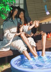 Rule 34 | 2boys, absurdres, ahoge, arm hug, barefoot, bishounen, black hair, black hanfu, black pants, chinese clothes, closed eyes, closed mouth, couple, day, food, fruit, grass, hand on another&#039;s knee, hanfu, headband, highres, holding hands, hot, koma horen, lan wangji, leaf, leaning on person, light particles, long hair, long sleeves, male focus, modao zushi, multiple boys, open mouth, outdoors, pants, pants rolled up, plant, ponytail, porch, robe, sidelocks, sitting, soaking feet, summer, sweat, topknot, twitter username, veranda, wading pool, water, watermelon, watermelon slice, wei wuxian, white hanfu, white headband, white pants, wide sleeves, wind chime, window blinds, yaoi