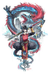 1girl absurdres artist_name black_hair black_pants black_shirt blue_eyes blue_horns claws closed_mouth commentary dragon franlol full_body hair_over_one_eye highres holding holding_scroll holding_sword holding_weapon horns looking_at_viewer original pants pointy_ears red_tabard scroll shirt short_hair solo squatting sword tabard weapon white_background