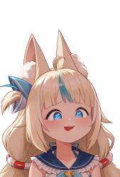 1girl :3 :d ahoge animal_ear_fluff animal_ears blonde_hair blue_eyes blue_hair blue_sailor_collar blunt_bangs cat_ears commentary fangs frilled_sailor_collar frills highres indie_virtual_youtuber innertube_hair_ornament long_hair low_twintails maritan_(pixelmaritan) multicolored_hair one_side_up open_mouth portrait sailor_collar sameko_saba simple_background smile solo streaked_hair twintails two-tone_hair virtual_youtuber white_background