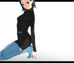 1girl absurdres black_dress black_hair blue_boots boots breasts brown_eyes commentary comoli_harcourt dress gundam gundam_gquuuuuux highres kneeling long_sleeves looking_at_viewer medium_breasts mole mole_under_eye rainbow_hose short_dress short_hair solo thigh_boots white_background