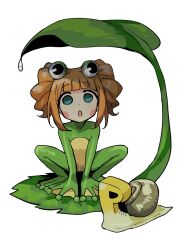 animalization blue_eyes frog full_body highres idolmaster idolmaster_(classic) leaf looking_at_viewer object_head orange_hair p-head_producer producer_(idolmaster) simple_background snail takatsuki_yayoi tsurui twintails water_drop white_background