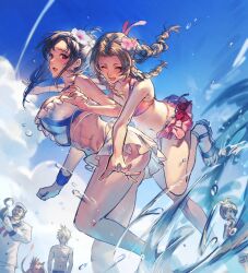 3boys 3girls abs aerith_gainsborough aerith_gainsborough_(pink_mermaid) asina71 bare_legs barret_wallace barret_wallace_(junon_naval_crew) beach bikini bikini_skirt cloud_strife cloud_strife_(wild_surf) final_fantasy final_fantasy_vii final_fantasy_vii_rebirth final_fantasy_vii_remake flower frilled_bikini frilled_bikini_top frills hair_flower hair_ornament highres hook_hand microskirt multiple_boys multiple_girls official_alternate_costume official_alternate_hairstyle pink_bikini sailor_collar sandals skirt swimsuit thighs tifa_lockhart tifa_lockhart_(shining_spirit) toned toned_female triangle_mouth water white_bikini yuffie_kisaragi yuffie_kisaragi_(summer_orange)