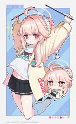 +_+ 1girl ahoge arms_up black_shoes black_skirt blue_archive blue_background chibi chibi_inset drumsticks flat_chest halo holding holding_drumsticks jacket long_hair loose_socks midriff miniskirt multiple_views natsu_(band)_(blue_archive) natsu_(blue_archive) navel official_alternate_costume open_mouth pink_hair pink_halo pleated_skirt red_eyes saebashi shirt shoes side_ponytail simple_background skirt socks white_shirt white_socks yellow_jacket