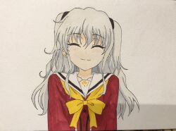 Rule 34 | 1girl, ^ ^, absurdres, black hairband, blush, bow, charlotte (anime), closed eyes, collarbone, dot nose, facing viewer, hairband, highres, long hair, marker (medium), red serafuku, school uniform, serafuku, sidelocks, smile, solo, tomori nao, traditional media, twintails, upper body, watersunlights, white hair, yellow bow