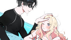 Rule 34 | 1boy, 1girl, black hair, blonde hair, blush, commentary request, gakuen idolmaster, goggles, hand on another&#039;s head, hetero, idolmaster, juo sena, kasasagi (futagodori888), multicolored hair, one eye closed, pink hair, producer (idolmaster), rash guard, streaked hair, swim goggles, two-tone hair