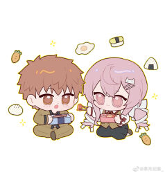 1girl :3 artist_self-insert black_skirt blush bow breaker_gorgon breasts brown_vest chibi chibi_inset chibi_only couple cross cross_print dress emiya_shirou fate/stay_night fate_(series) full_body gaoyue_jixiang hair_ornament hair_ribbon highres homurabara_academy_school_uniform igote long_hair long_sleeves momomiya_shizuku_(gaoyue_jixiang) neck_ribbon non-web_source oc_x_canon open_mouth orange_hair original print_ribbon red_hair red_ribbon ribbon school_uniform simple_background skirt smile two_side_up vest white_background