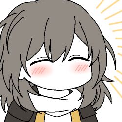 1girl black_jacket blush closed_eyes happy honkai:_star_rail honkai_(series) jacket light lix_(iroiro3843) lowres no_mouth simple_background solo stelle_(honkai:_star_rail) sweater trailblazer_(honkai:_star_rail) upper_body white_background white_sweater