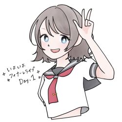 1girl blue_eyes brown_hair grey_hair looking_at_viewer love_live! love_live!_sunshine!! midriff school_uniform short_hair solo stomach uranohoshi_school_uniform watanabe_you wavy_hair