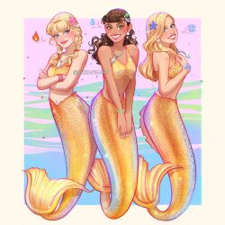 Rule 34 | 3girls, bikini, blonde hair, blue eyes, bracelet, braid, brown eyes, brown hair, cleo sertori, commentary, crossed arms, emma gilbert, full body, gold bikini, grin, h2o just add water, highres, jewelry, long hair, looking at viewer, low twin braids, luztapiaart, mermaid, monster girl, multiple girls, navel, necklace, rikki chadwick, sequins, smile, starfish hair ornament, swimsuit, tan, twin braids, wavy hair