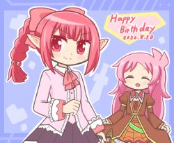 &gt;:) 2girls :d ^_^ ascot blue_background blush bow braid brown_skirt closed_eyes closed_mouth collared_shirt dated hair_bow hair_ornament happy_birthday holding holding_sword holding_weapon jacket juliet_sleeves long_hair long_sleeves looking_at_viewer multiple_girls open_mouth original outline parted_bangs pink_hair pink_shirt pleated_skirt pointy_ears puffy_sleeves red_ascot red_eyes red_hair reverse_(bluefencer) shirt skirt skirt_hold smile standing sword v-shaped_eyebrows very_long_hair weapon white_outline