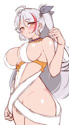 Rule 34 | 1girl, absurdres, ancient egyptian clothes, ankh, azur lane, bare shoulders, blush, breasts, brown eyes, closed mouth, commentary request, grey hair, grey ribbon, groin, hair between eyes, hair ribbon, hand up, highres, large breasts, long hair, moyoron, multicolored hair, parted bangs, prinz eugen (azur lane), red hair, ribbon, simple background, smile, solo, streaked hair, two side up, very long hair, white background