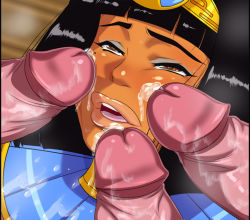 1girl 3boys ahegao ancient_egyptian black_hair brown_eyes close-up dark-skinned_female dark_skin fellatio group_sex interracial large_penis legend_of_queen_opala mole mole_under_eye multiple_boys oral penis penis_on_face queen_opala short_hair source_request tamanegiya uncensored