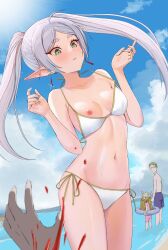 1girl 3boys absurdres alternate_costume aroused_nosebleed beach beard bikini blood blowing_kiss blue_sky breasts brown_hair cloud commentary_request cowboy_shot day dwarf earrings eisen_(sousou_no_frieren) elf eyelashes facial_hair fake_horns floating_earring frieren glasses glint gold_trim green_eyes grey_hair heart heiter helmet highres himmel_(sousou_no_frieren) horned_helmet horns innertube jewelry large_variant_set long_beard medium_breasts multiple_boys navel nipples nosebleed ocean one_eye_closed outdoors pointy_ears pov sasasa_r_23 side-tie_bikini_bottom sky small_breasts sousou_no_frieren standing sun sunlight swim_ring swimsuit thick_eyebrows twintails untied_bikini untied_bikini_top v-shaped_eyebrows variant_set wardrobe_malfunction water white_bikini