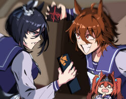 3girls agnes_tachyon_(umamusume) ahoge animal_ears black_hair blue_eyes blush bob_cut bow bowtie box brown_hair chibi commentary_request crying crying_with_eyes_open daiwa_scarlet_(umamusume) eishin_flash_(umamusume) fang from_side gift gift_box hair_between_eyes hair_intakes highres holding holding_box holding_gift horse_ears horse_girl jichou_senshi long_hair long_sleeves motion_blur multiple_girls o_o purple_shirt red_eyes sailor_collar sailor_shirt school_uniform shirt short_hair swept_bangs tears tiara tracen_school_uniform twintails umamusume upper_body white_bow white_bowtie