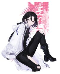 14yuruis 1girl absurdres bag black_bag black_boots black_hair black_hoodie black_mask black_pants blue_archive boots closed_mouth ear_piercing hair_between_eyes high_heel_boots high_heels highres holding holding_bag hood hoodie jacket looking_at_viewer misaki_(blue_archive) pants piercing pink_eyes short_hair smile solo torn_clothes torn_pants white_jacket