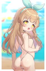 1girl :o aged_down ass bikini blush bow breasts brown_hair collar female_focus legs loli long_hair looking_at_viewer looking_back multicolored_hair nanahira nipples on_bench open_mouth panties pink_hair sand small_breasts solo standing swimsuit tongue underwear underwear_only virtual_youtuber water yellow_eyes zendamu