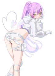 1girl crop_top demon_tail earrings from_behind gloves green_eyes heart heart_tail highres hololive hood hood_down hooded_shrug jewelry knee_pads leaning_forward long_hair long_sleeves looking_at_viewer micro_shorts multicolored_hair official_alternate_costume oniku_(o29sukizero) open_mouth ponytail pouch purple_hair shorts shrug_(clothing) simple_background smile socks solo streaked_hair tail thigh_pouch tokoyami_towa tokoyami_towa_(cyberpunk) very_long_hair virtual_youtuber white_background white_gloves white_hair white_shorts white_shrug white_socks wings