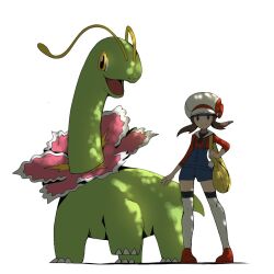 1girl blue_overalls bow brown_eyes brown_hair closed_mouth gen_2_pokemon happy hat hat_bow holding_strap knees lyra_(pokemon) meganium nintendo overalls pigeon-toed pokemon pokemon_(creature) pokemon_hgss psaber97 red_bow red_shirt red_shoes shirt shoes smile standing thighhighs twintails white_background white_hat white_thighhighs yellow_bag