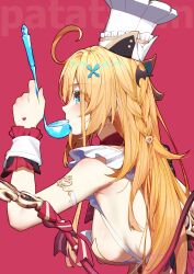 Rule 34 | 1girl, absurdres, armpit crease, artist name, backless dress, backless outfit, blue eyes, breasts, chef hat, commentary, cowlick, dress, drinking, escoffier (genshin impact), from side, genshin impact, hat, heart, heart in eye, highres, holding, holding ladle, ladle, long hair, mechanical tail, medium breasts, orange hair, patatatan, solo, soup ladle, symbol in eye, tail, toque blanche, upper body, white dress, white hat, wrist cuffs