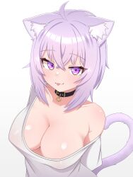 1girl absurdres ahoge animal_ear_fluff animal_ears arms_behind_back black_choker blush breasts cat_ears cat_girl cat_tail choker cleavage covered_erect_nipples highres hololive large_breasts looking_at_viewer medium_hair mingkozus nekomata_okayu purple_eyes purple_hair shirt simple_background single_off_shoulder solo tail tongue tongue_out upper_body virtual_youtuber white_background white_shirt