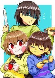 3others :t absurdres antenna_hair aqua_background bad_id bad_twitter_id black_shirt black_undershirt blue_sweater blush bob_cut border brown_hair candy chara_(undertale) chocolate chocolate_bar circle_facial_mark closed_eyes closed_mouth collared_shirt crossover deltarune eating food food_on_face frisk_(undertale) green_sweater hair_behind_ear hair_between_eyes hair_over_one_eye hands_up highres holding holding_chocolate holding_food holding_knife holding_pan holding_plate kinuko21b knife kris_(deltarune) looking_at_another looking_back multiple_others notice_lines other_focus outside_border pie plate purple_sweater red_eyes shaded_face shirt short_hair simple_background smile striped_clothes striped_sweater sweater twitter_username two-tone_sweater u_u undertale upper_body white_border
