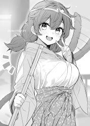 Rule 34 | 1girl, absurdres, afterimage, alternate costume, bamboo broom, blush, breasts, broom, circlet, commentary request, greyscale, hair between eyes, highres, holding, holding broom, japanese clothes, large breasts, long hair, long sleeves, looking at viewer, low twintails, meimei (meimei89008309), miko, monkey tail, monochrome, motion lines, open mouth, smile, solo, son biten, tail, tail wagging, tiara, touhou, twintails, twitter username, v, wide sleeves