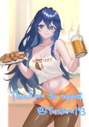 1girl alternate_costume bare_shoulders blue_eyes blue_hair blurry blurry_background brand_of_the_exalt breasts chicken_(food) closed_mouth commission cup fire_emblem fire_emblem_awakening food hair_between_eyes holding holding_cup holding_plate hooters long_hair looking_at_viewer lucina_(fire_emblem) medium_breasts midriff mug navel nintendo orange_shorts pantyhose plate shorts skeb_commission solo symbol-shaped_pupils symbol_in_eye tank_top tarutaru193 tiara twitter_username white_tank_top