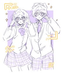 1boy 1girl adjusting_eyewear alternate_costume bead_bracelet beads beret bespectacled blunt_ends blush border bow bracelet cardigan collared_shirt contemporary flower genshin_impact glasses hair_flower hair_intakes hair_ornament hairclip hat highres jewelry long_sleeves looking_at_viewer lumine_(genshin_impact) monochrome necktie open_mouth pants plaid_clothes plaid_pants plaid_skirt purple_background purple_eyes rimless_eyewear round_eyewear scaramouche_(genshin_impact) scaramouche_(kabukimono)_(genshin_impact) school_uniform shirt short_hair short_hair_with_long_locks sidelocks skirt sparkling_eyes viewfinder white_border yunhhj