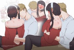 Rule 34 | 1boy, 1girl, black hair, black pantyhose, blank eyes, blonde hair, blush, breasts, chocorut, cleavage, closed mouth, dress, ear blush, earrings, english text, grey sweater, hairband, hetero, hickey, jewelry, large breasts, long hair, pantyhose, red sweater, short hair, speech bubble, spy x family, sweater, sweater dress, twilight (spy x family), very short hair, white hairband, yor briar