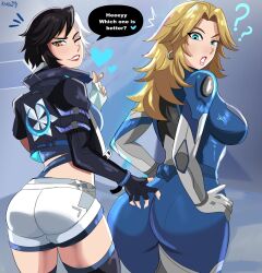 2girls ? ?? ass back black_hair black_jacket blonde_hair blue_bodysuit blue_eyes bodysuit breasts brown_eyes crop_top fantastic_four fingerless_gloves gloves highres huge_ass sue_storm jacket jumpsuit karbuitt large_breasts long_hair looking_at_viewer looking_back luna_snow marvel marvel_rivals mature_female multicolored_hair multiple_girls short_hair shorts split-color_hair sue_storm superhero_costume tight_clothes two-tone_bodysuit white_bodysuit white_hair white_shorts