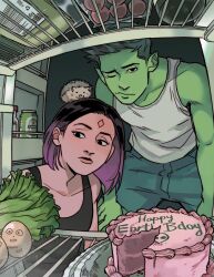 1boy 1girl alcohol beast_boy_(dc) beer black_eyes cake colored_skin couple dc_comics egg food gabriel_picolo gabriel_picolo_(artist) green_hair green_skin hedgehog lettuce pointy_ears purple_eyes raven_(dc) refrigerator refrigerator_interior sleepy teen_titans