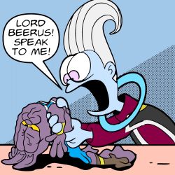 2boys :3 animal_ears antenna_hair artist_request beerus blue_skin cat_ears colored_skin dragon_ball dragon_ball_super expressionless garfield halo highres looking_at_another looking_away meme multiple_boys no_humans open_mouth parody simple_background table what whis white_hair