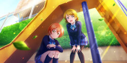 Rule 34 | 2girls, :d, apartment, arms on knees, blazer, bloom, blue bow, blue bowtie, blue jacket, blue skirt, blue sky, blurry, blurry foreground, blush, bokeh, bow, bowtie, breasts, brown hair, building, chain-link fence, closed mouth, crossed arms, depth of field, diagonal-striped bow, diagonal-striped bowtie, diagonal-striped clothes, dress shirt, evening, falling leaves, feet out of frame, fence, from below, furrowed brow, grass, hair between eyes, hands on own knees, highres, hoshizora rin, jacket, koizumi hanayo, laundry pole, leaf, leaning forward, legs folded, lens flare, light particles, light rays, long sleeves, looking at another, looking down, love live!, love live! school idol festival all stars, love live! school idol project, medium breasts, miniskirt, multiple girls, narrowed eyes, official art, open mouth, orange hair, otonokizaka school uniform, outdoors, park, pigeon-toed, plaid clothes, plaid skirt, plant, pleated skirt, purple eyes, raised inner eyebrows, sad, school uniform, shirt, short hair, sidelighting, skirt, sky, slide, smile, squatting, striped bow, striped bowtie, striped clothes, sunbeam, sunlight, teeth, upper teeth only, white shirt, winter uniform