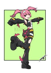 1girl 99akt1031 ;d absurdres belt border breasts coral_(pokemon) detached_sleeves eyelashes eyeliner fanny_pack full_body green_background hair_ornament happy highres leg_up looking_at_viewer makeup nintendo one_eye_closed open_mouth outstretched_arms pink_eyeliner pink_hair pokemon pokemon_(anime) pokemon_horizons small_breasts smile solo standing standing_on_one_leg tongue twintails twitter_username vest watermark white_border