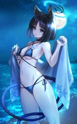 1girl animal_ear_fluff animal_ears bare_shoulders beach bikini black_eyes black_hair black_nails blue_archive blue_bikini blue_halo blue_haori breasts bright_pupils cat_ears cat_girl cat_tail closed_mouth halo haori highres japanese_clothes kikyou_(blue_archive) kikyou_(swimsuit)_(blue_archive) looking_at_viewer medium_breasts multiple_tails navel ocean official_alternate_costume parted_bangs short_hair smile solo stomach swimsuit tail toriseru_(rare_stone) two_tails white_pupils