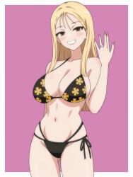absurdres arm_behind_back bikini black_bikini blonde_hair blush breasts brown_hair cleavage collarbone cowboy_shot dani_(angrymatthew) floral_print_bikini gluteal_fold hair_between_eyes hand_up highres jewelry kitagawa_marin large_breasts lipstick long_bangs long_hair looking_at_viewer makeup nail_polish navel pink_lips pink_nails ribbon-trimmed_bikini ribbon_trim ring smile solo sono_bisque_doll_wa_koi_wo_suru standing swimsuit teeth thighs wedding_ring